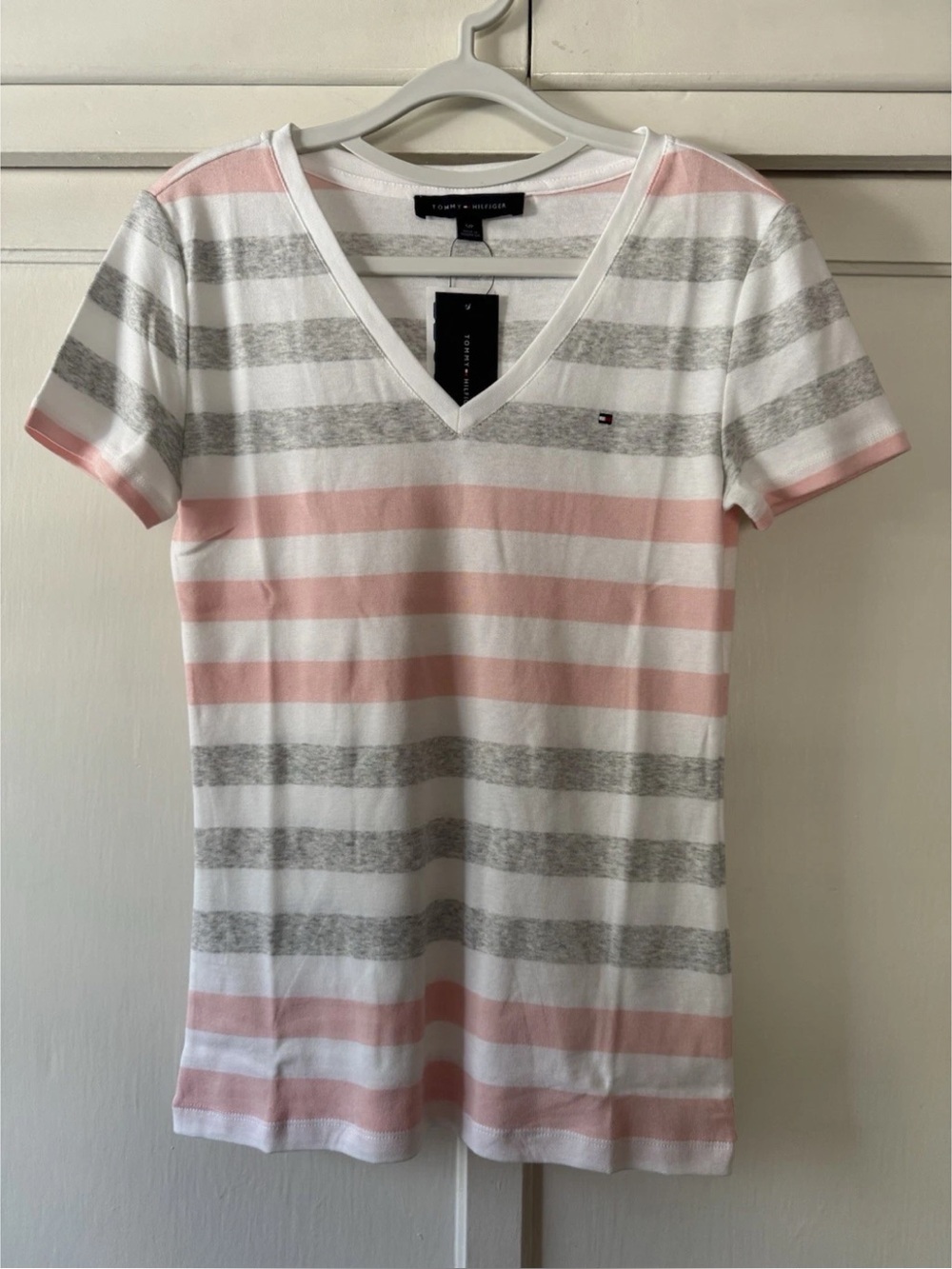 Tommy Hilfiger White, Pink & Gray Striped V-Neck Tee